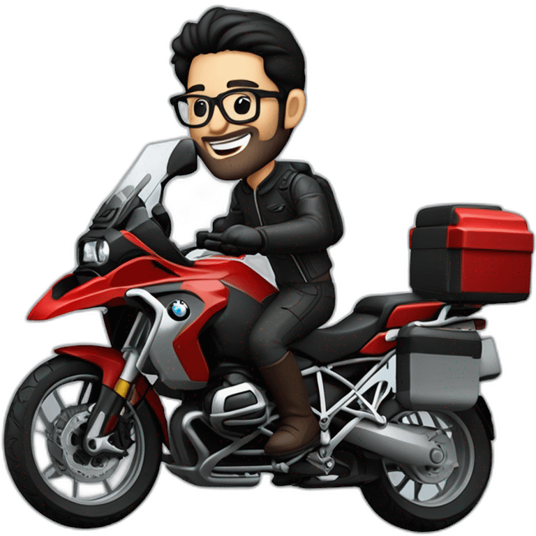 Francisco-Javier-Sans-Sánchez, black haired, with beard and glasses, riding a red BMW-R-1200-GS,waving emoji