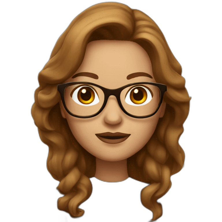 A classic Apple Memoji of a woman with long brown hair, brown eyes and golden frame glasses emoji