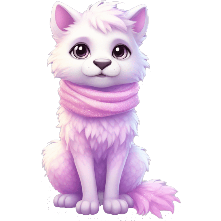 Edgy Kawaii cute gorgeous colorful sparkly bright light pastel lilac-pink-white-gradient fantasy ethereal fluffy fursona animal creature with a cute scarf full body emoji