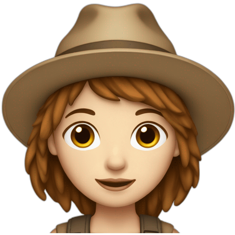 white skin, Girl with a hat, brown hair straight to the shoulders, holding a laptop emoji