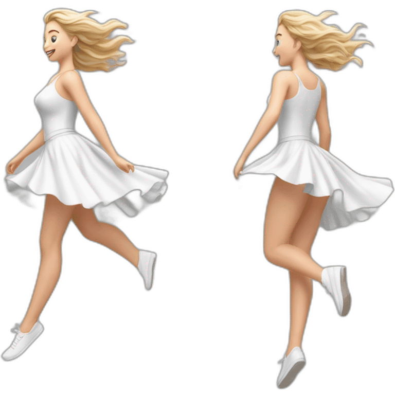 Hyperrealistic Full body Caucasian curvy beauty jumping white skirt back and front views strong wind emoji