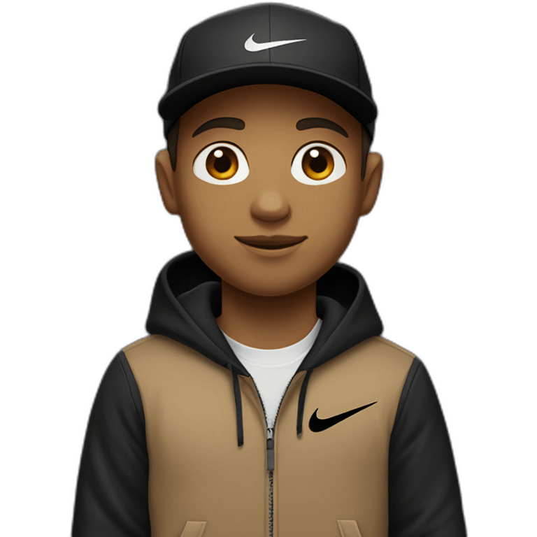 light brown boy with hair until his ears wearing a black nike cap and nike hoodie and black pants emoji