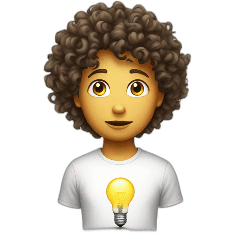 curly hair white tshirt thinking with light bulb emoji