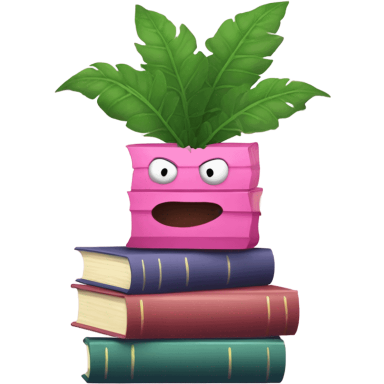 Aesthetic stack of pink books with a monster plant in the background emoji