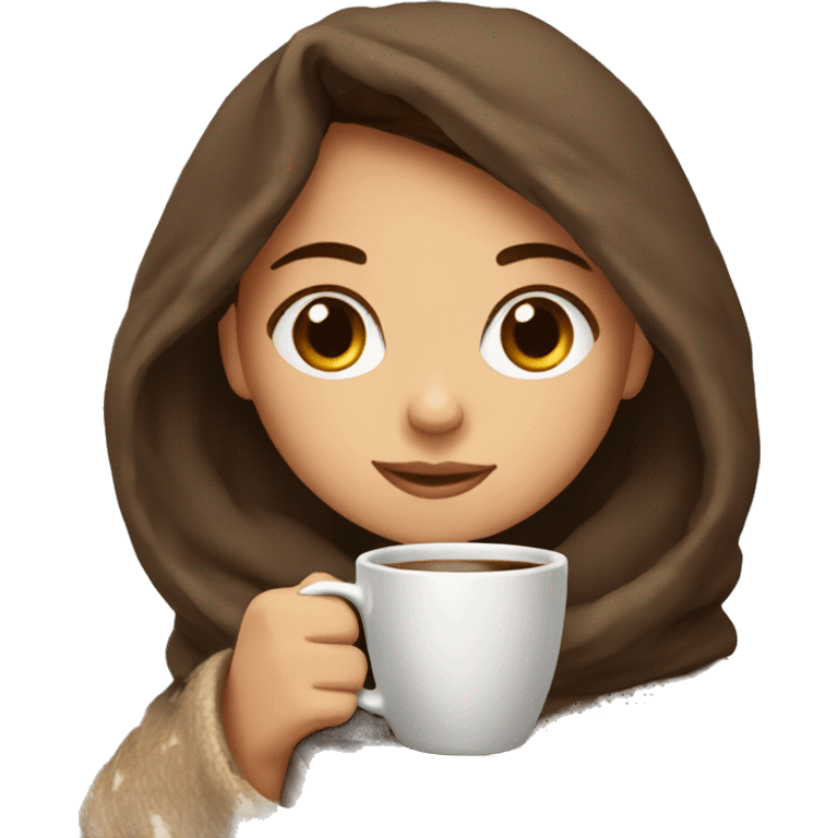 Brown hair Girl drinking coffee, with a cozy blanket emoji