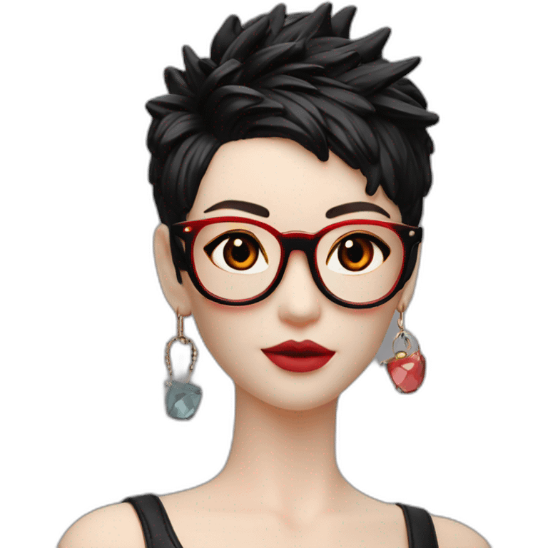 Punk female earrings glasses,red and black short hair, emoji