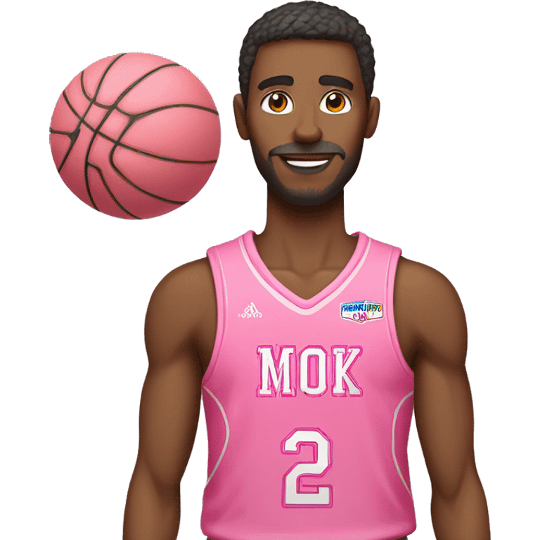 An emoji of a man wearing a pink basketball jersey and holding a pink basketball. skinn color white emoji