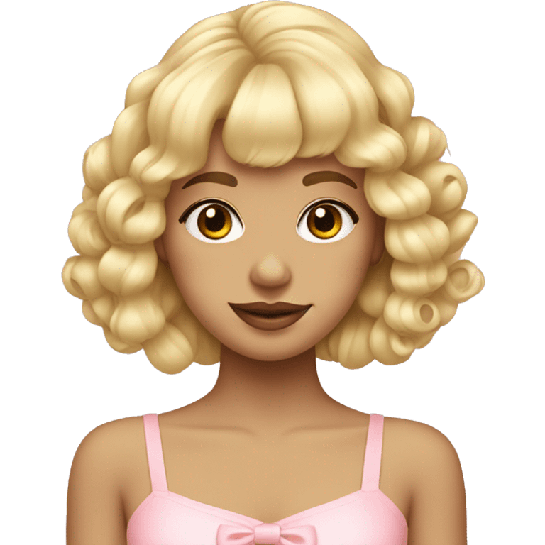 blonde girl with bangs and ringlets with pastel pink bows in hair emoji