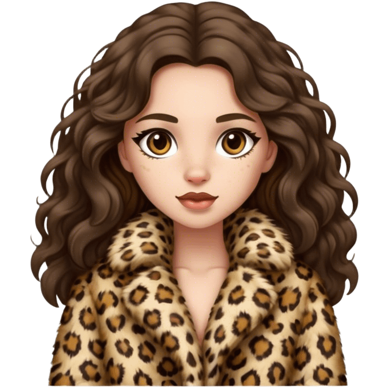 Brunette girl with long wavy hair in fluffy leopard fur coat  emoji