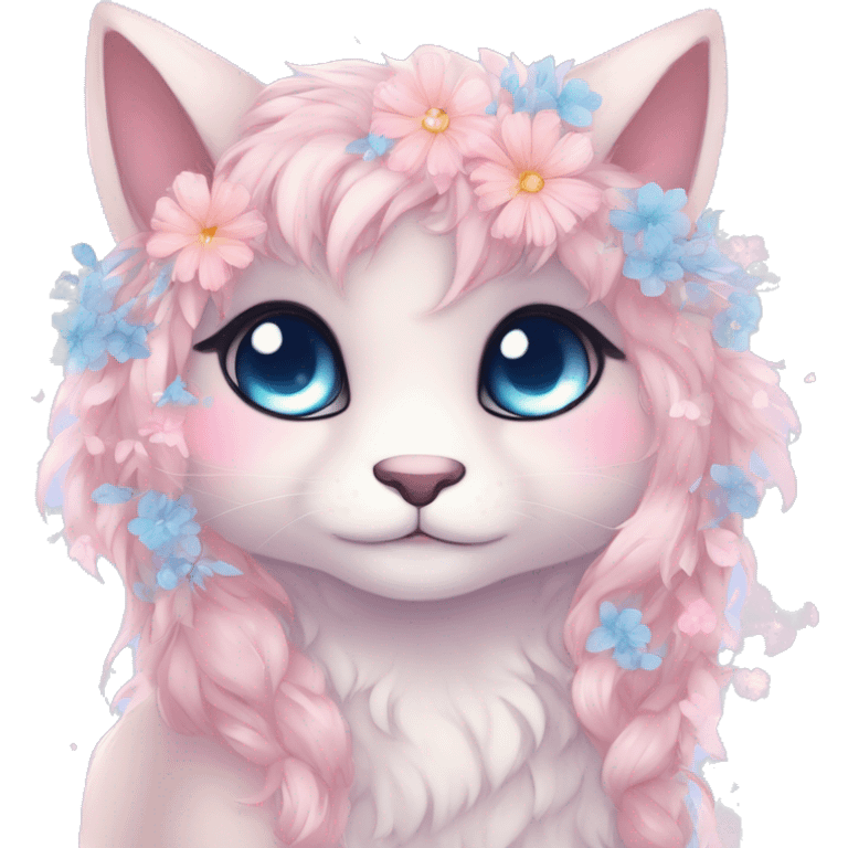 Anthro Cute Cool Blushing Pastel Innocent Shy Kawaii gorgeous sparkly ethereal fantasy anime animal creature with blue eyes furry sona with flowers and ribbons beautiful aesthetic emoji