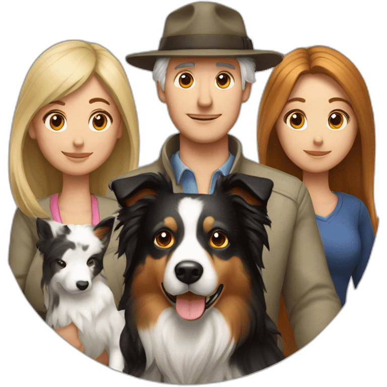 white family group consisting of man in hat and woman with long hair in ponytail and small border collie dog emoji