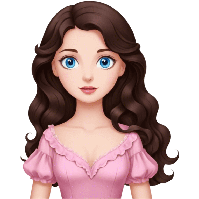 Beautiful royal Brunette with blue eyes and long wavy  hair in pink vintage  emoji