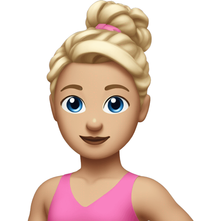 Gymnast in a pink leotard wearing a messy bun with blonde hair and blue eyes emoji