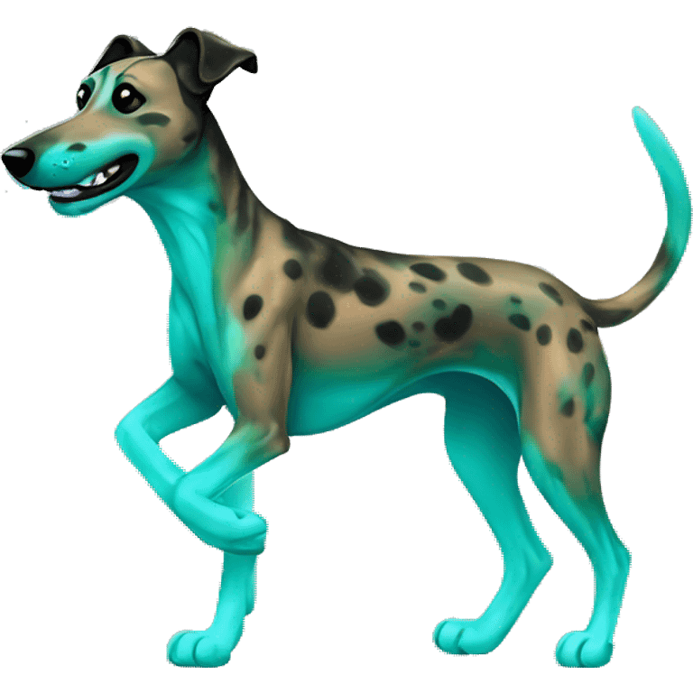 Brindle dog black face lurcher running cyan green blue lighting emoji