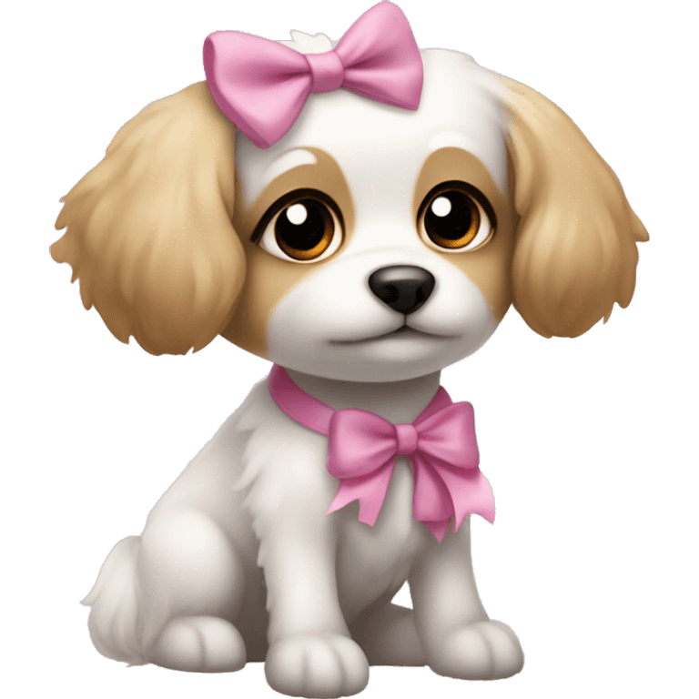 small, fluffy female white dog with brown eyes sitting with a pink bow. It has downward ears and a stubby tail emoji