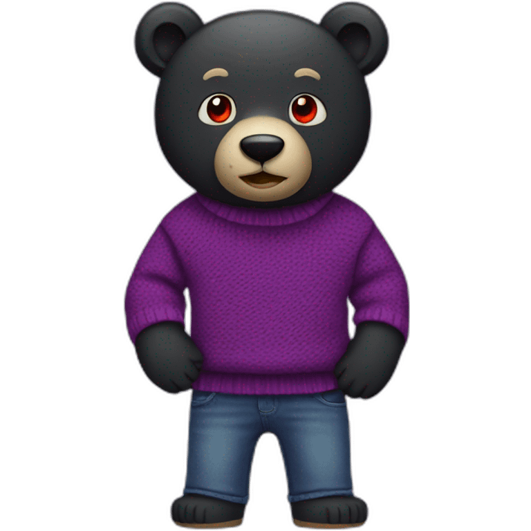 black bear in a purple sweater and purple jeans with red eyes emoji