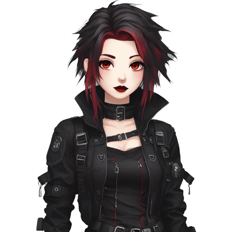 Gorgeous gothic dark techwear anime style lady with blushing face aesthetic and pretty edgy black red punk messy hair with collar and harness trending style emoji