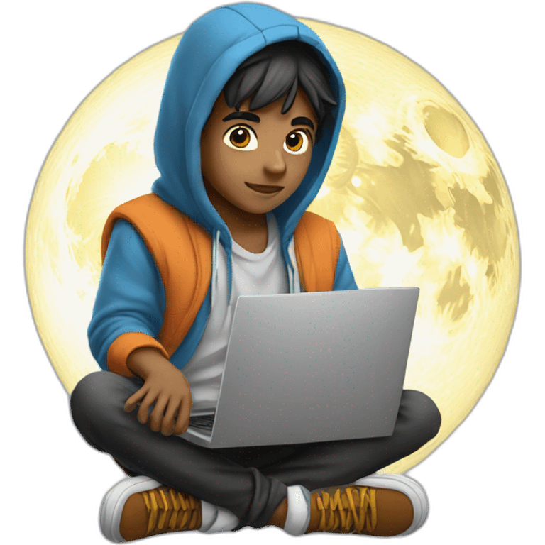 Indian boy wearing a hoodie with laptop sitting on saturn emoji