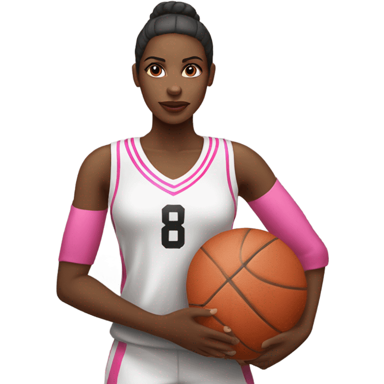 Black women with a white and pink basketball jersey on, holding a stop sign emoji