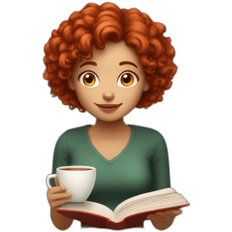 girl with red curly hair to the shoulders reading a book and drinking coffee emoji