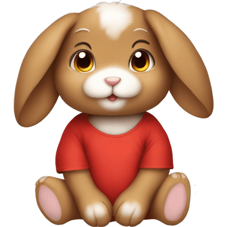 Cute feminine Fluffy brown rabbit teddy wearing red tshirt sitting floppy ears emoji