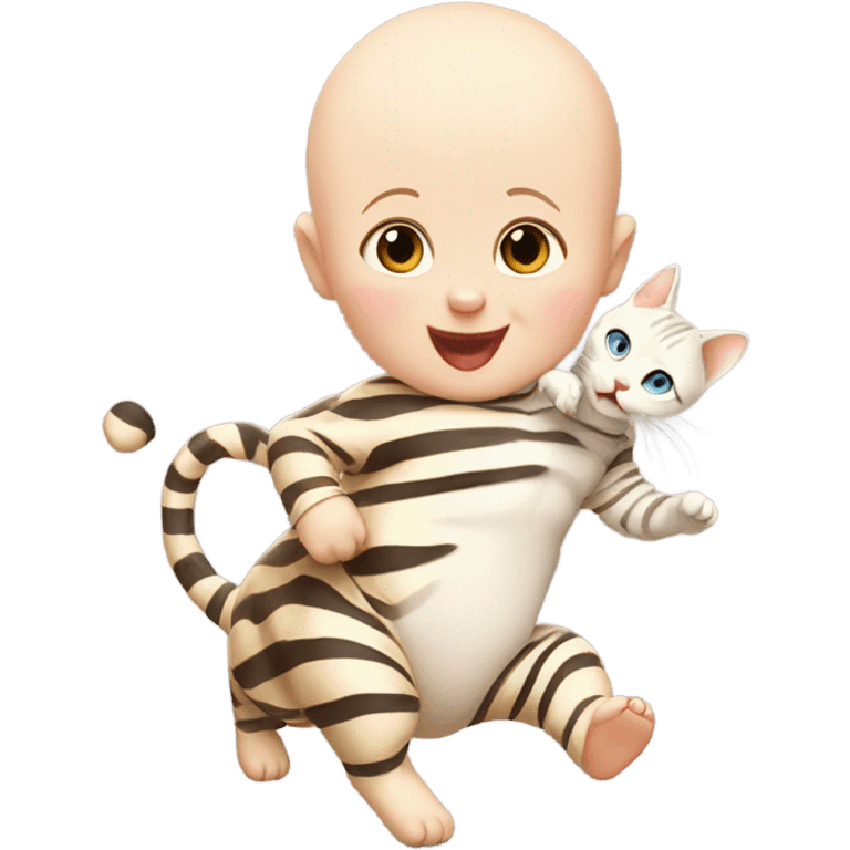 bald white baby with its arms in the air riding on a striped cat that's running and at least as big as the baby even a little bigger emoji