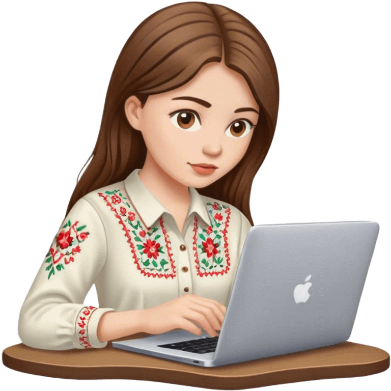 A Ukrainian girl with brown hair in an embroidered shirt works at her laptop emoji