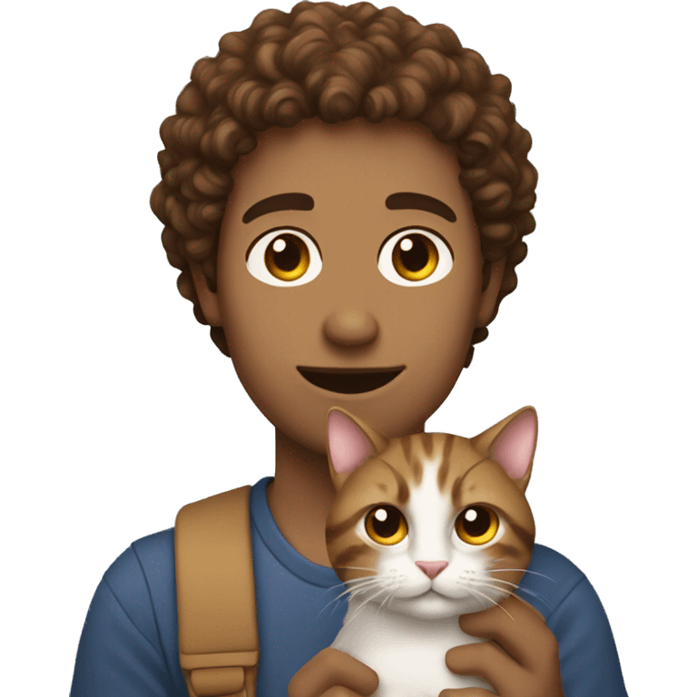 Guy with short brown curly hair holding a cat emoji