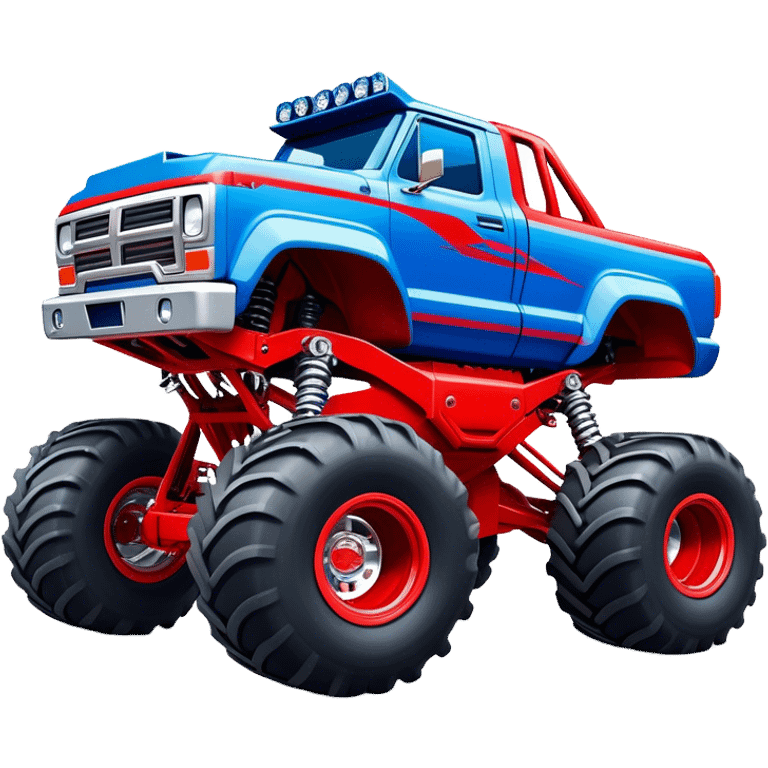 Avenger - Monster Jam (Model Year: 2021) (Iconic colour: Blue and red) - A dynamic monster truck with a split-color scheme: predominantly blue accented by bold red elements. Focus on strong, angular lines and vivid contrasting colors that evoke high energy and a futuristic, rebellious style. emoji