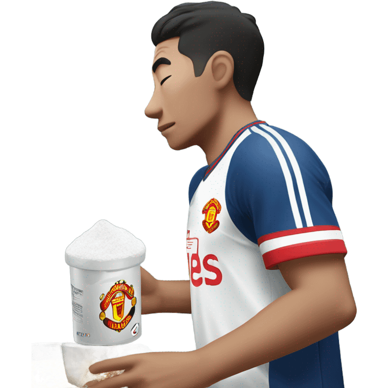 Korean man sniffing white powdered sugar. He’s wearing a Manchester United jersey emoji