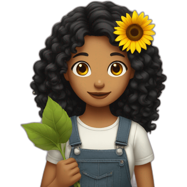 Long black Curly hair Girl holding sunflower emoji