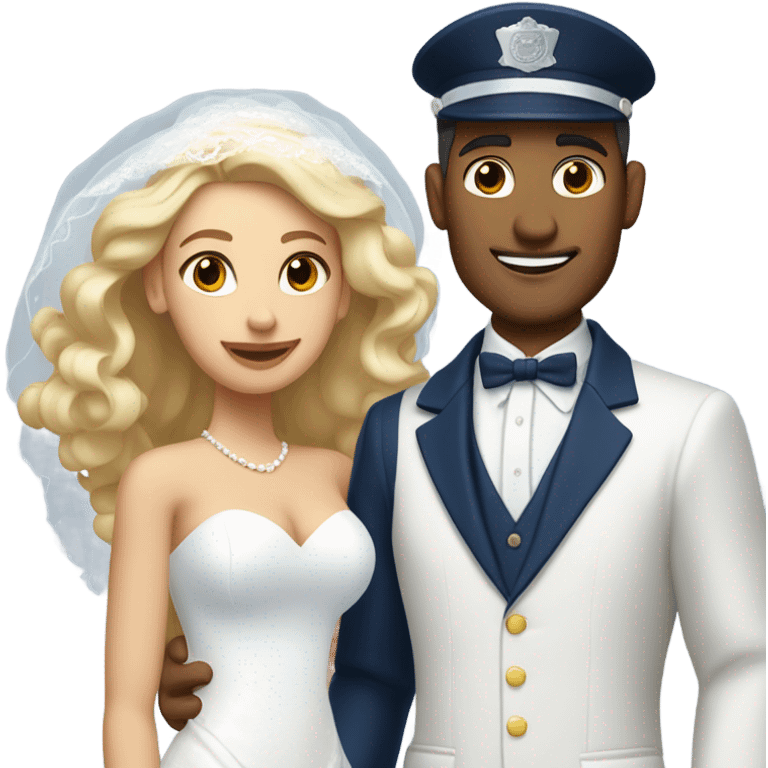 Puerto rican beard short hair with blue hat and navy blue suit getting Married with blond long hair girl with white  wedding dress  emoji