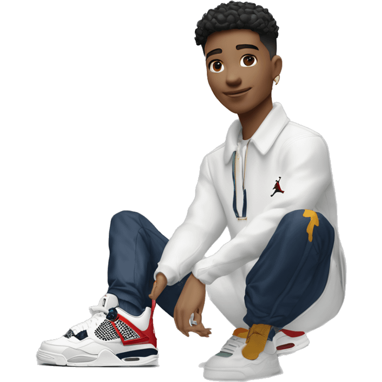 Jeune garçon clair de peau avec un taper des Jordan 4 un outfit américain des bijoux pour homme et u e sacoche Lacoste  emoji