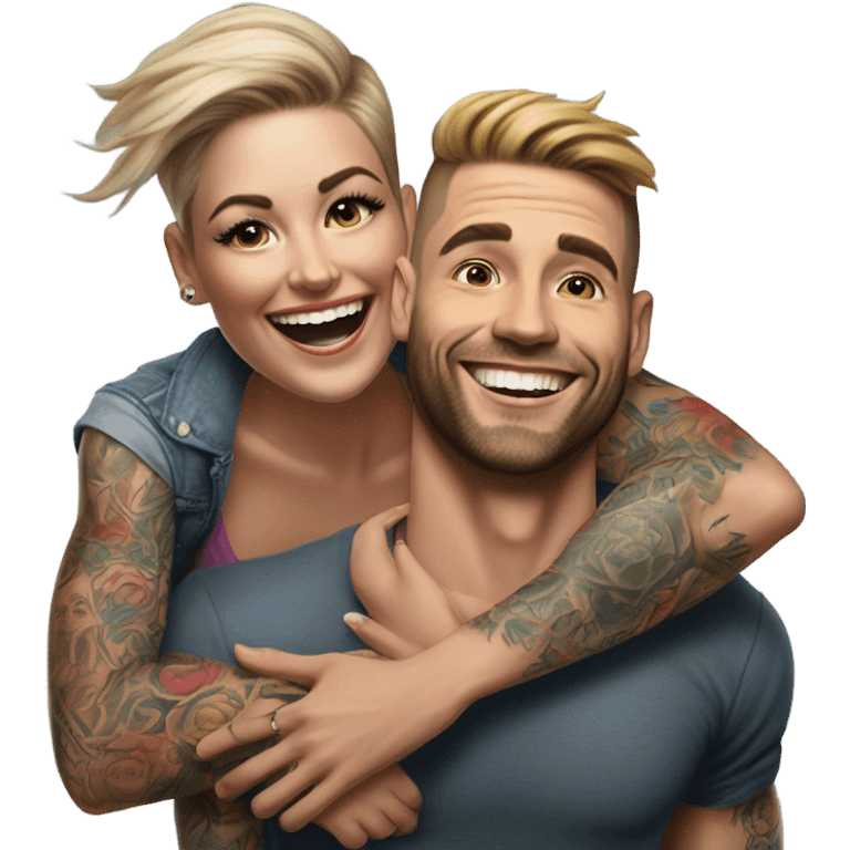 Hyper Realistic beautiful woman getting a piggy back off a handsome tattooed man laughing  emoji