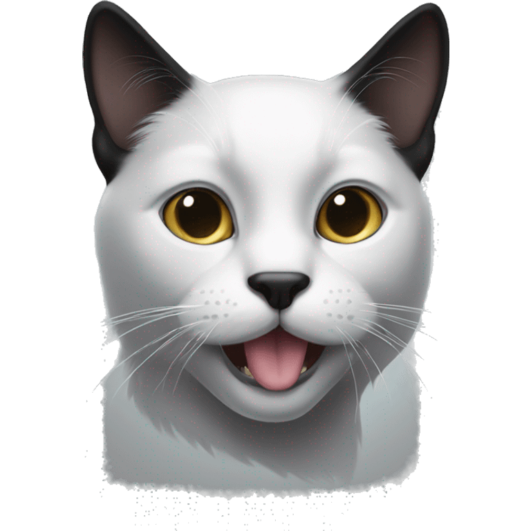 A black cat with a white spot on the left side of its nose, a white neck, and white paws. emoji