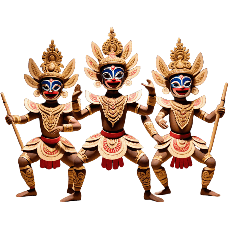 ​Cinematic Realistic Wayang Golek Ayun-ayun Dancers, depicted as intricately carved traditional wooden puppets in dynamic dance poses, adorned with vibrant painted details and expressive features, set against a softly lit stage that evokes centuries of Indonesian cultural heritage, rendered with lifelike textures and dramatic atmospheric lighting, emoji