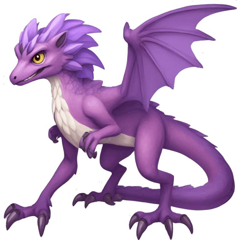 Mauve-violet-colored anthro-raptor-dragonkin-scalie-sona-Fakémon-hybrid with a mane on head and back full body emoji