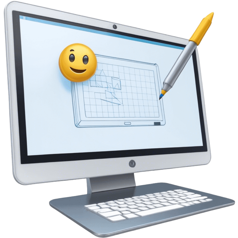 Create an emoji for 3D visualization and modeling. Show wireframe model that pops out from the screen of a large graphic tablet with a stylus drawing in a 3D modeling program. Use modern, professional colors. Do not include any emojis or smiley faces. Make the background transparent. emoji