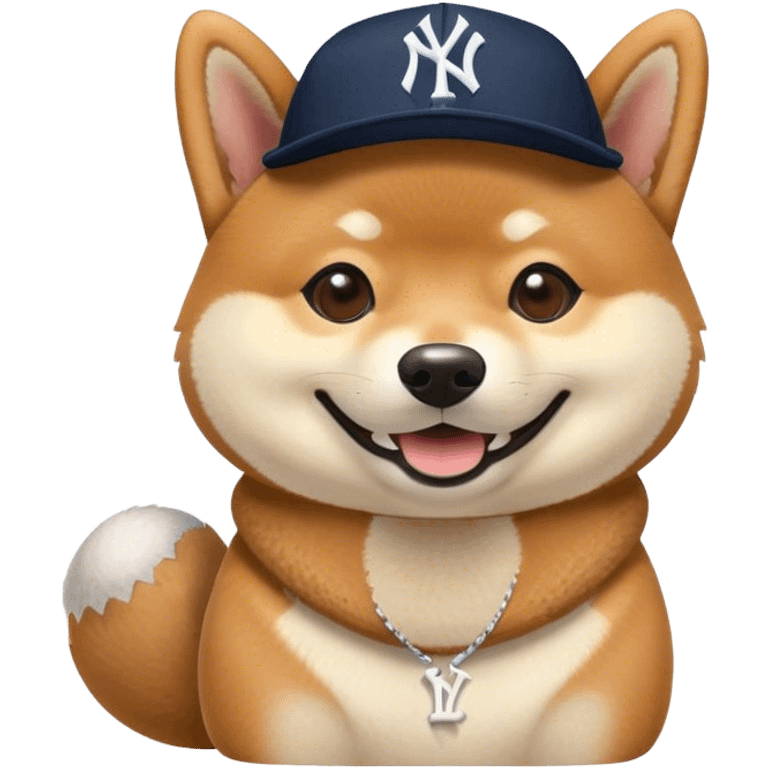 Sesame shiba inu dog with a Yankees hat smiling  emoji