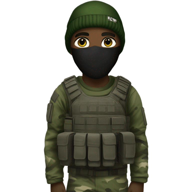 male, tall, white skin, call of duty Logan mask, green camo tactical gear, combat boots, black beanie, hazel eyes emoji