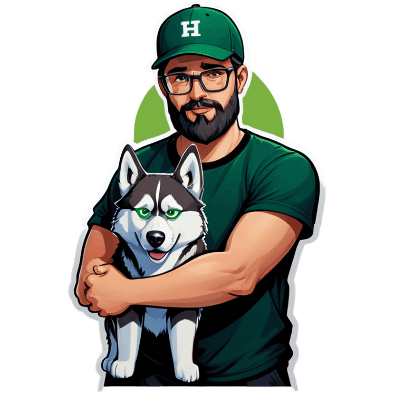 A bold man with a grey baseball cap, green eyes, big beard and glasses holding a husky dog emoji