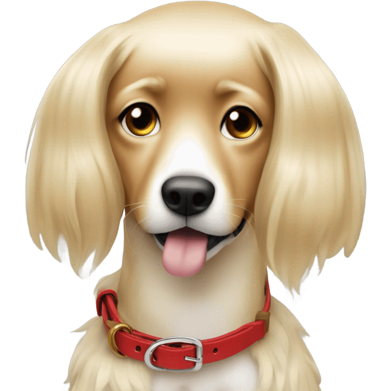 Put a Red leather dog collar on a blond white human female with medium length hair and add a red leash connected to the collar emoji