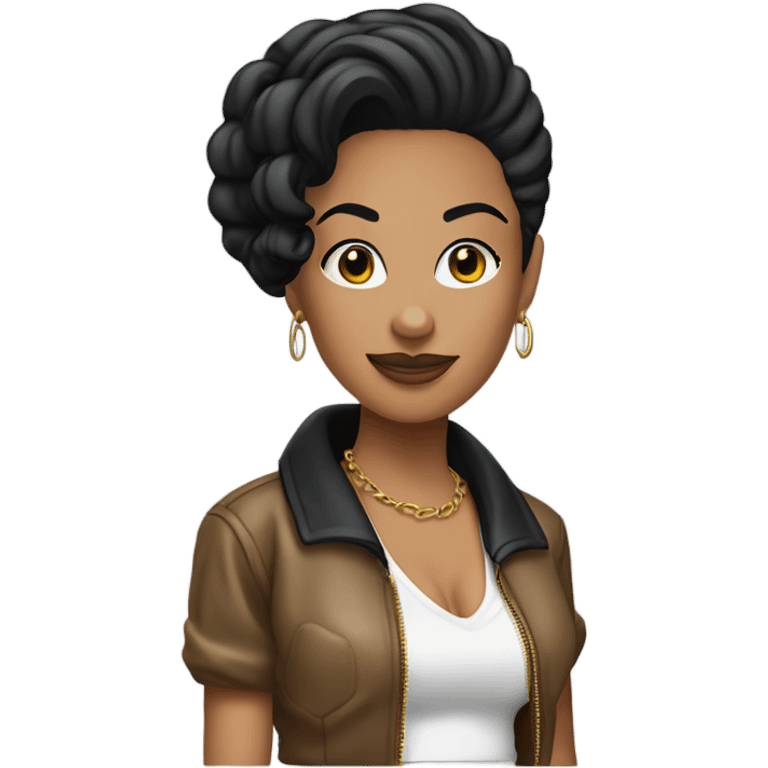 Tanned woman with black hair dressed in 1990s hip hop hair, makeup, and attire  emoji