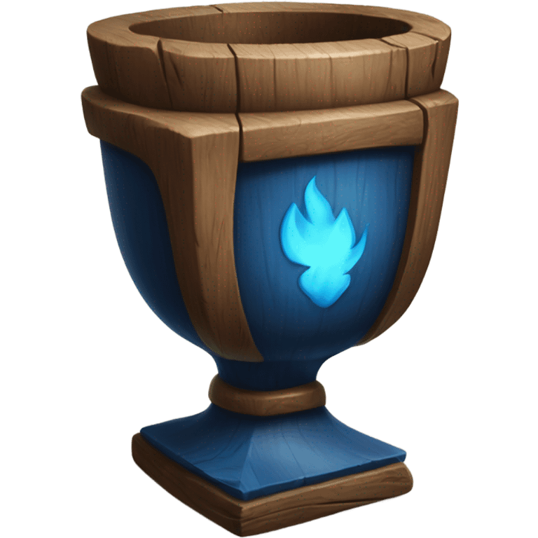 A magical goblet, large and imposing, made of aged wood with a smooth surface. It emits a kind of blue fire, standing out as a symbol of power and mystery. emoji