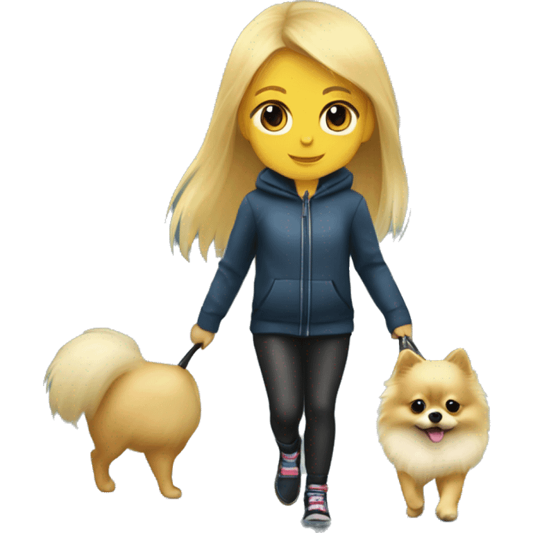 Blonde girl walking tiny pomeranian under the rain emoji