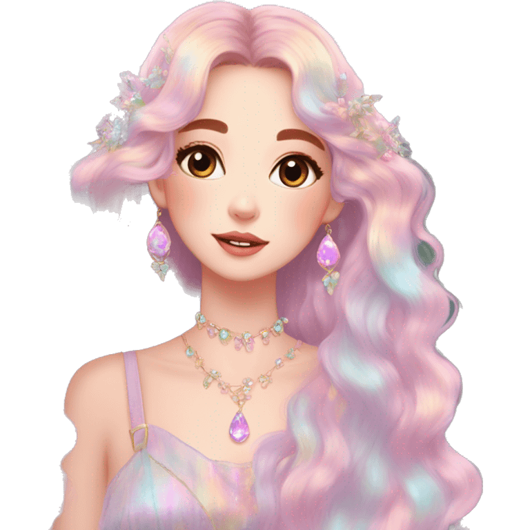 Dreamy pretty shiny colorful pastel lady in nature pastelcore kawaii beautiful hair cottagecore jewels trending aesthetic emoji