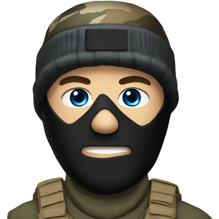 White male, call of duty black mask, camo tactical gear, tan combat boots, black beanie, blue eyes emoji