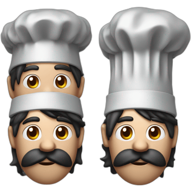 a chef with a worried expression and a long droopy nose with a mustache and black hair with a chef hat with ears and brown eyes emoji