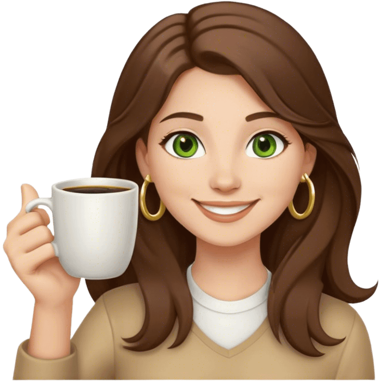 Long, Brown haired girl with middle hair part, green eyes, gold hoop nose ring, smiling, waving with one hand, coffee mug in the other emoji