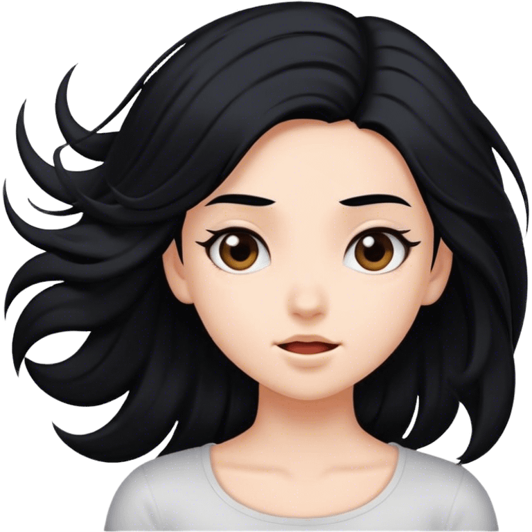 Girl with fair skin and black hair flipping hair to the side emoji